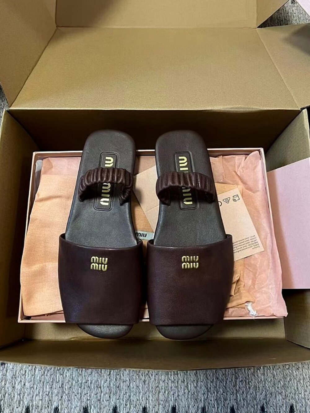 MIU MIU Dark Brown Ruched Strap Slide Sandals